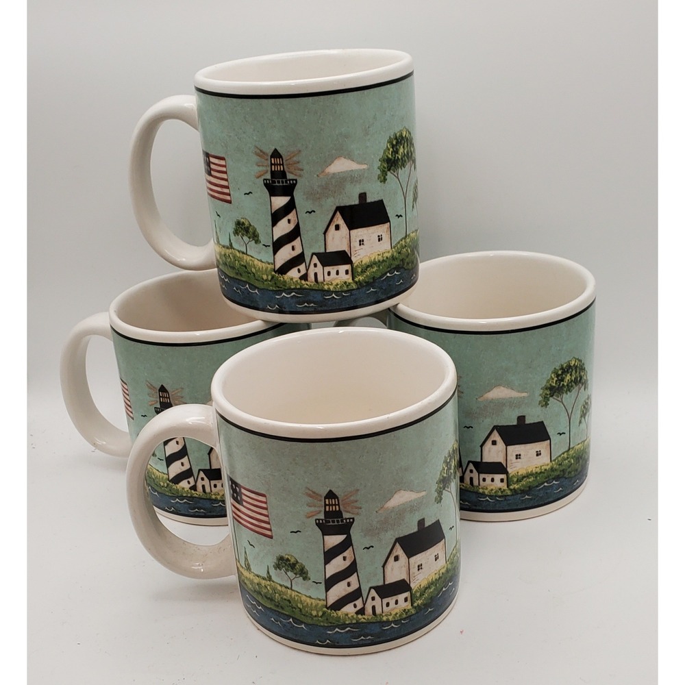 Warren Kimble Sakura Coastal Breeze Lighthouse Mugs Set of 4 Nautical 1998 - Picture 1 of 9